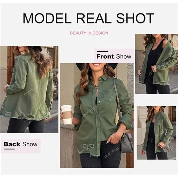 WOMEN'S Oversized Denim Jacket Casual Long A1 Green